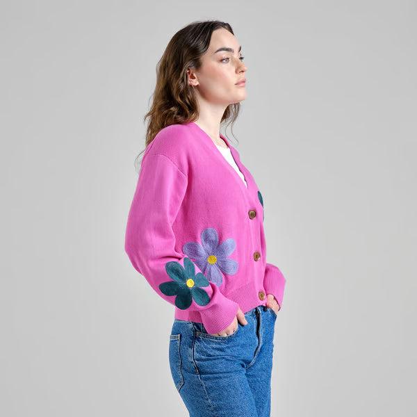 Cardigan Kanan Application Flower Violet Pink